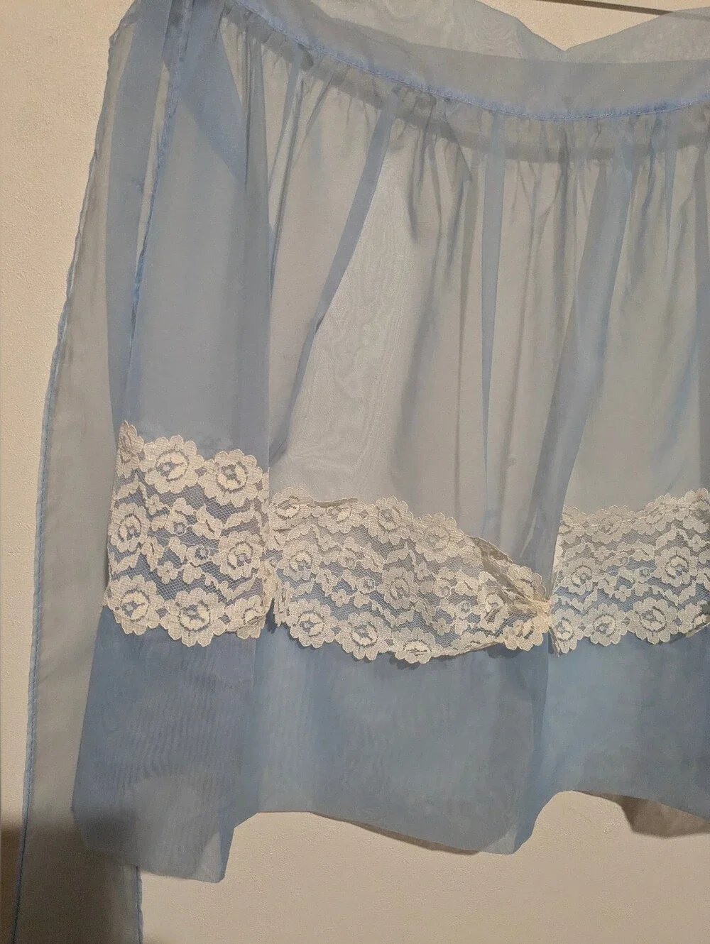 Vintage 50s Blue Semi Sheer Half Apron Lace Trim Wide Ties